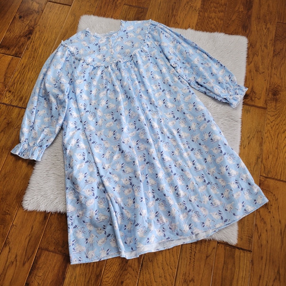 Lanz of Salzburg Flannel Cat Print Nightgown Women's Plus 1X Blue Ruffle Pockets